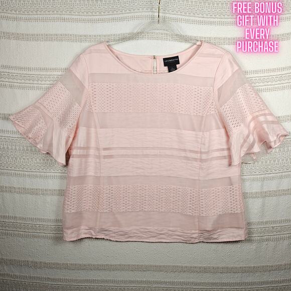 Liz Claiborne Career Pink Lined Blouse Sheer Flutter Sleeve Work Top Size L - Picture 1 of 7